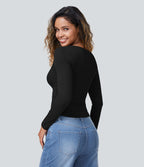 Top de Sport Casual à Manches Longues en Tricot Côtelé à Encolure Carrée Découpes Ourlet Courbé et Coupe Courte
