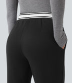 Pantalon jogging évasé molleton coton taille haute avec cordon de serrage, poches, empiècements contrastés et ourlet fend