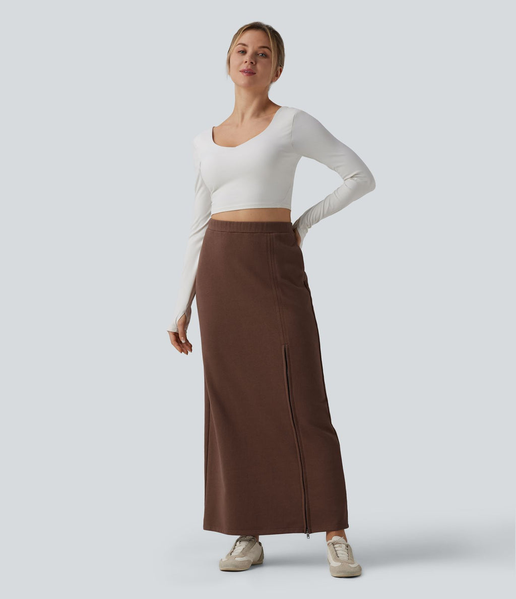 Jupe longue décontractée taille haute en molleton French Terry coton avec poches