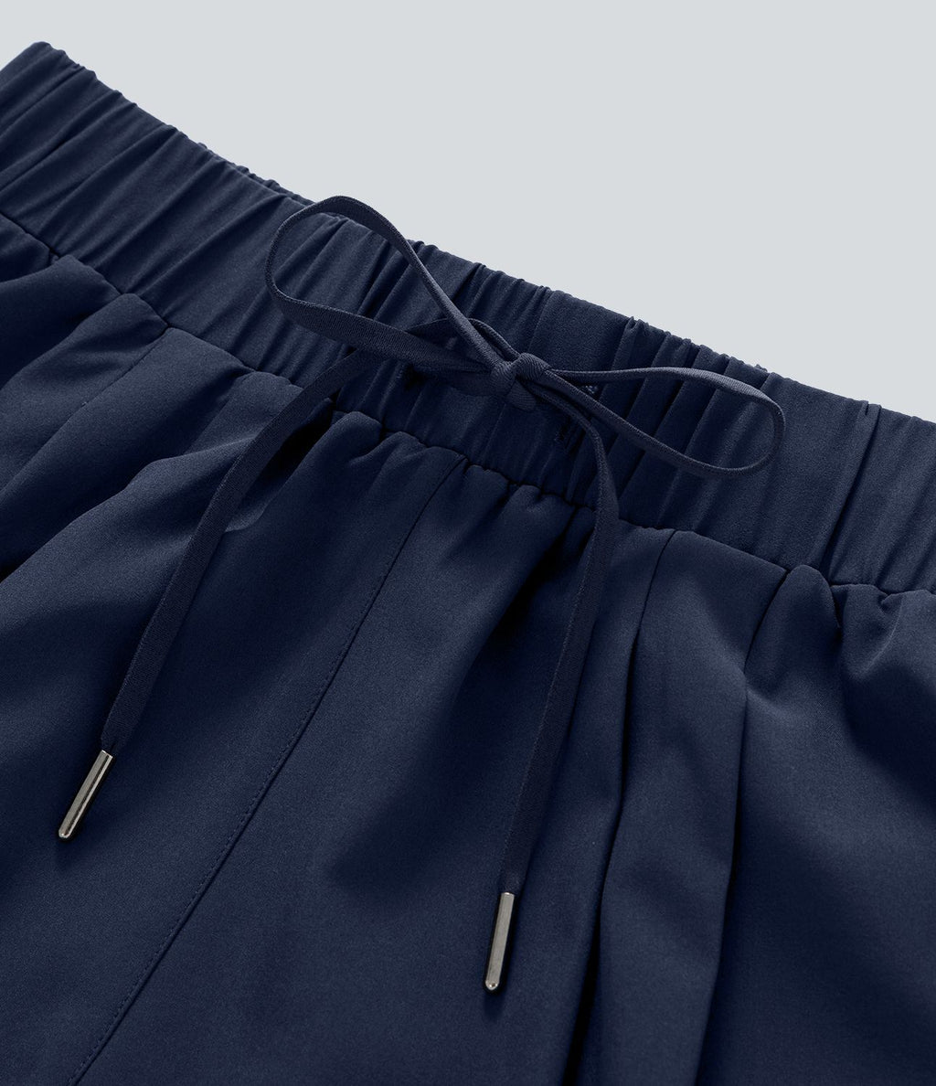 Short 7,5cm Casual à Taille Moyenne avec Ceinture Élastique Cordon de Serrage et Poches Latérales Ruchées