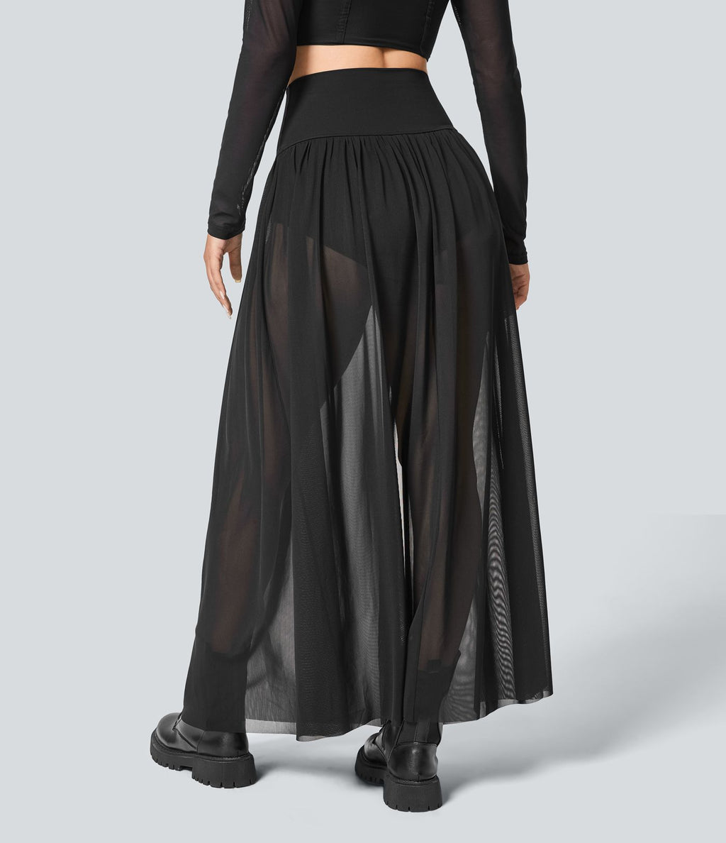 Jupe Casual Taille Haute Maxi Fluide Mesh Fente Plissée 2 en 1