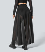 Jupe Casual Taille Haute Maxi Fluide Mesh Fente Plissée 2 en 1