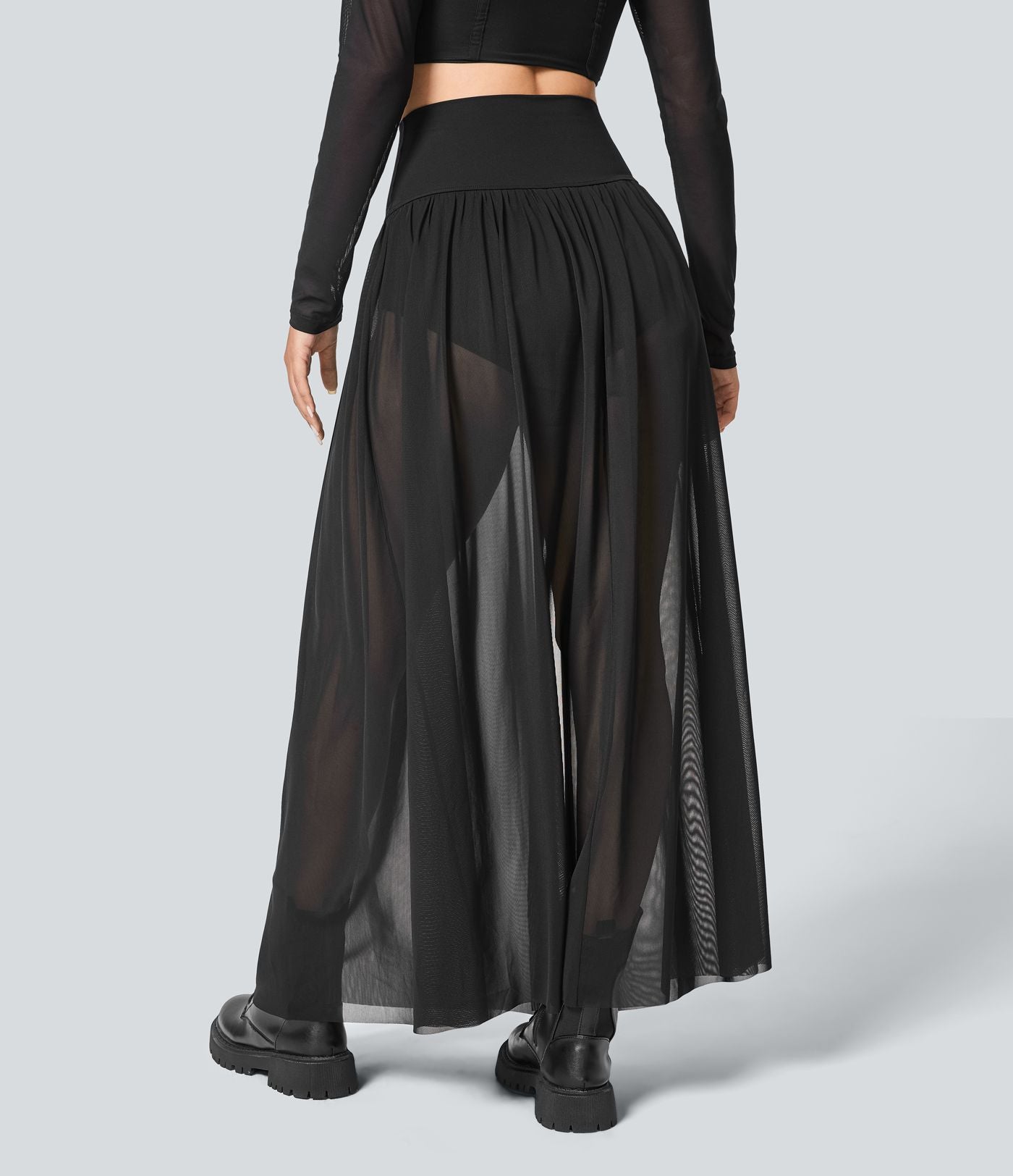 Jupe Casual Taille Haute Maxi Fluide Mesh Fente Plissée 2 en 1