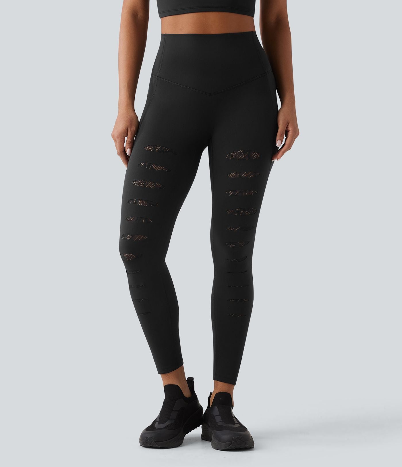 Legging de sport SoftlyZero™ taille haute avec empiècements en dentelle contrastée et poches – UPF 50+