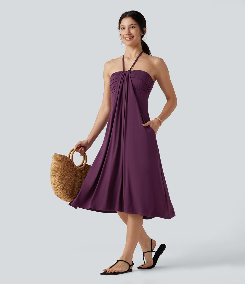 Robe midi trapèze dos-nu à nouer, à poches