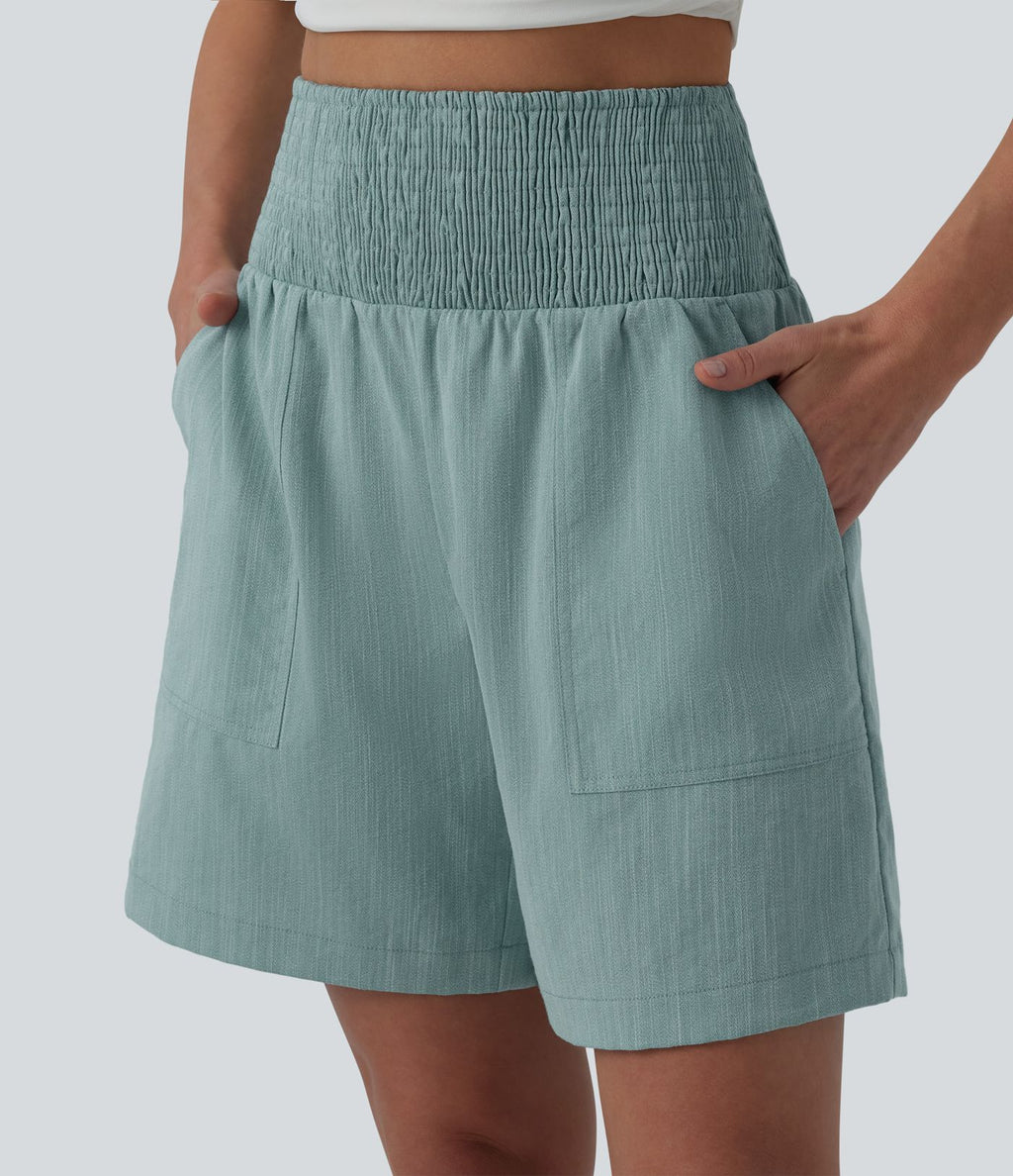 Bermuda casual aspect lin taille haute avec fronces 17,5 cm avec poches