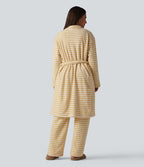Robe d'intérieur longue en flanelle à rayures manches longues ouverte avec ceinture