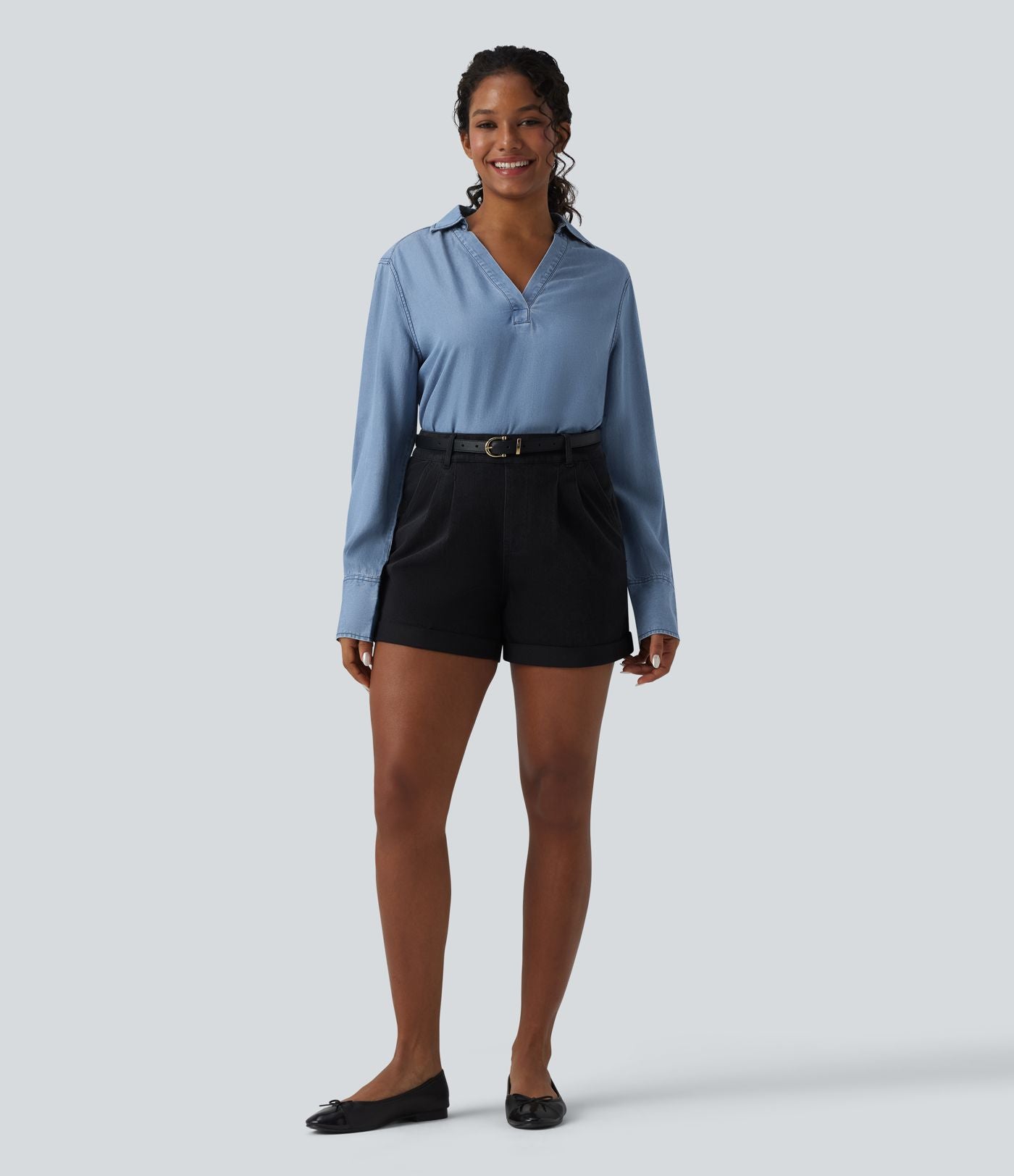 Blouse casual denim en lyocell col V manches longues