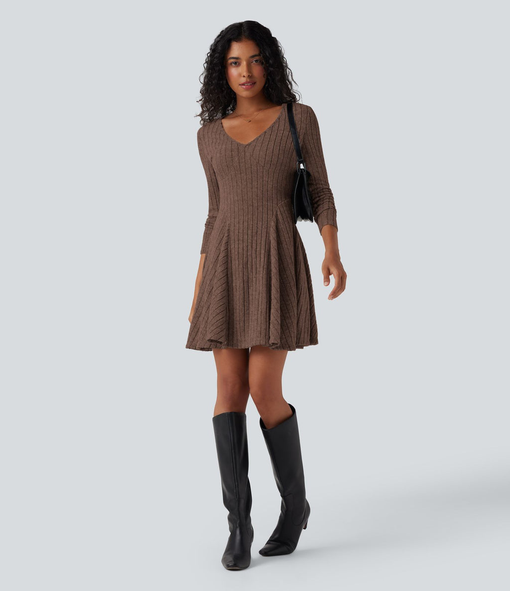 Robe décontractée mini évasée maille côtelée col V manches longues