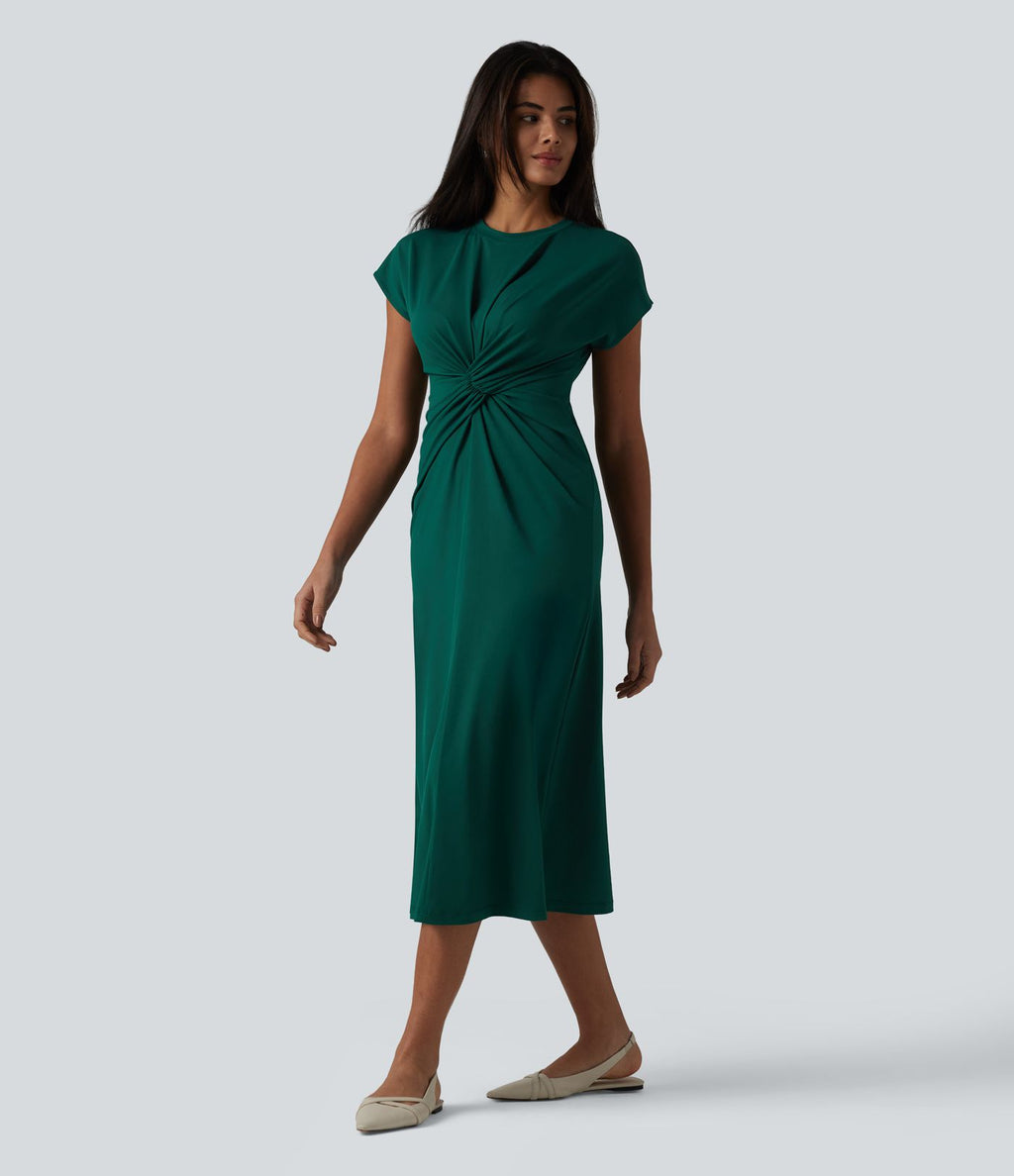 Robe de travail midi à col rond et manches courtes