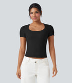 T-shirt décontracté maille côtelée manches courtes
