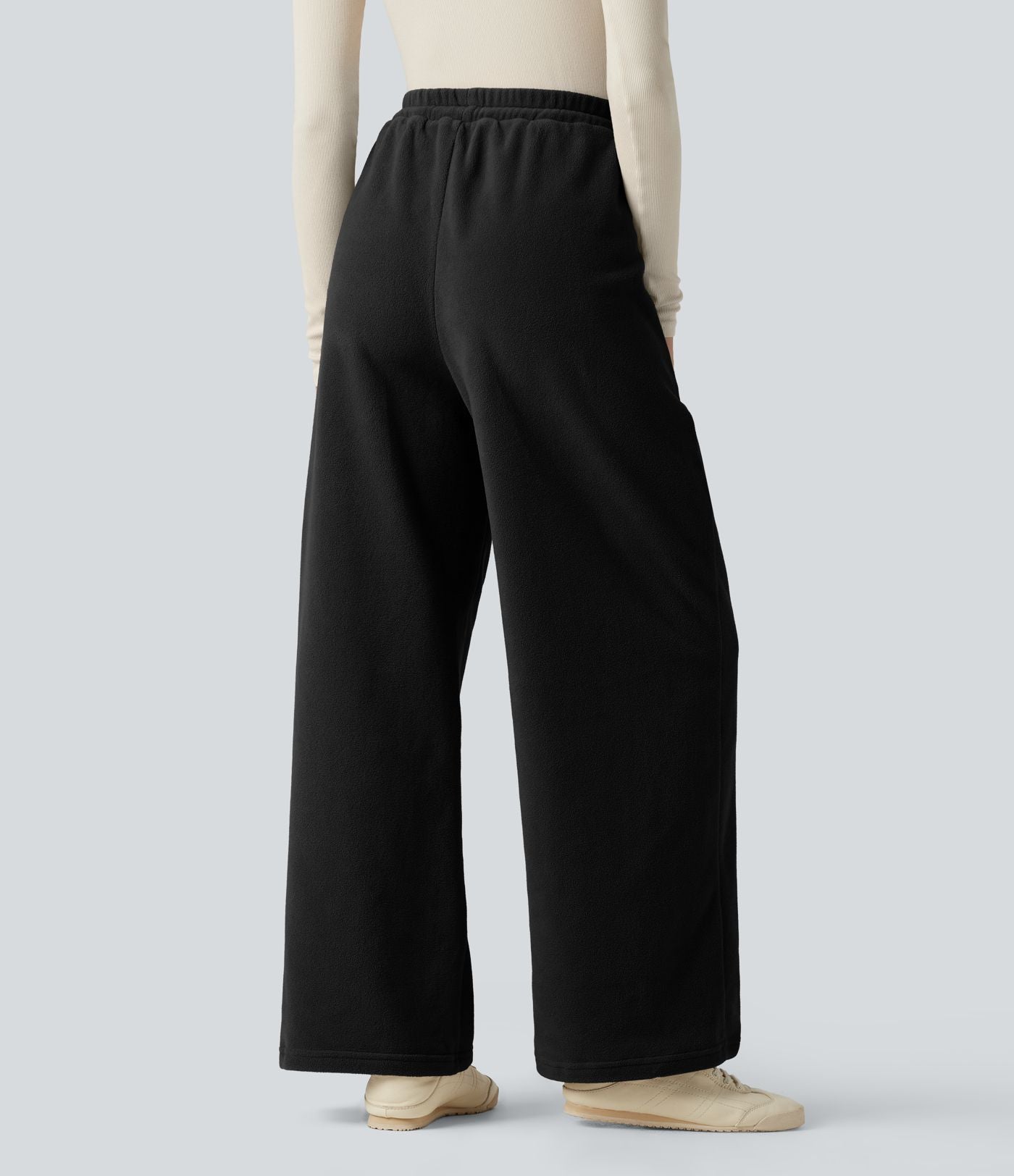 Pantalon large décontracté en polaire taille haute avec cordon de serrage et poches