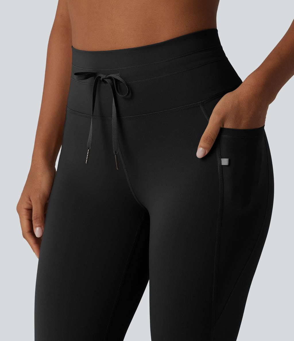 Legging yoga uni corsaire taille haute avec cordon de serrage et poches