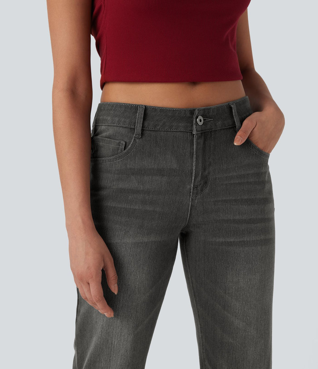 Jean décontracté Halara Flex™ taille basse à jambes droites avec bouton, fermeture éclair, multiples poches, effet délavé en maille extensible