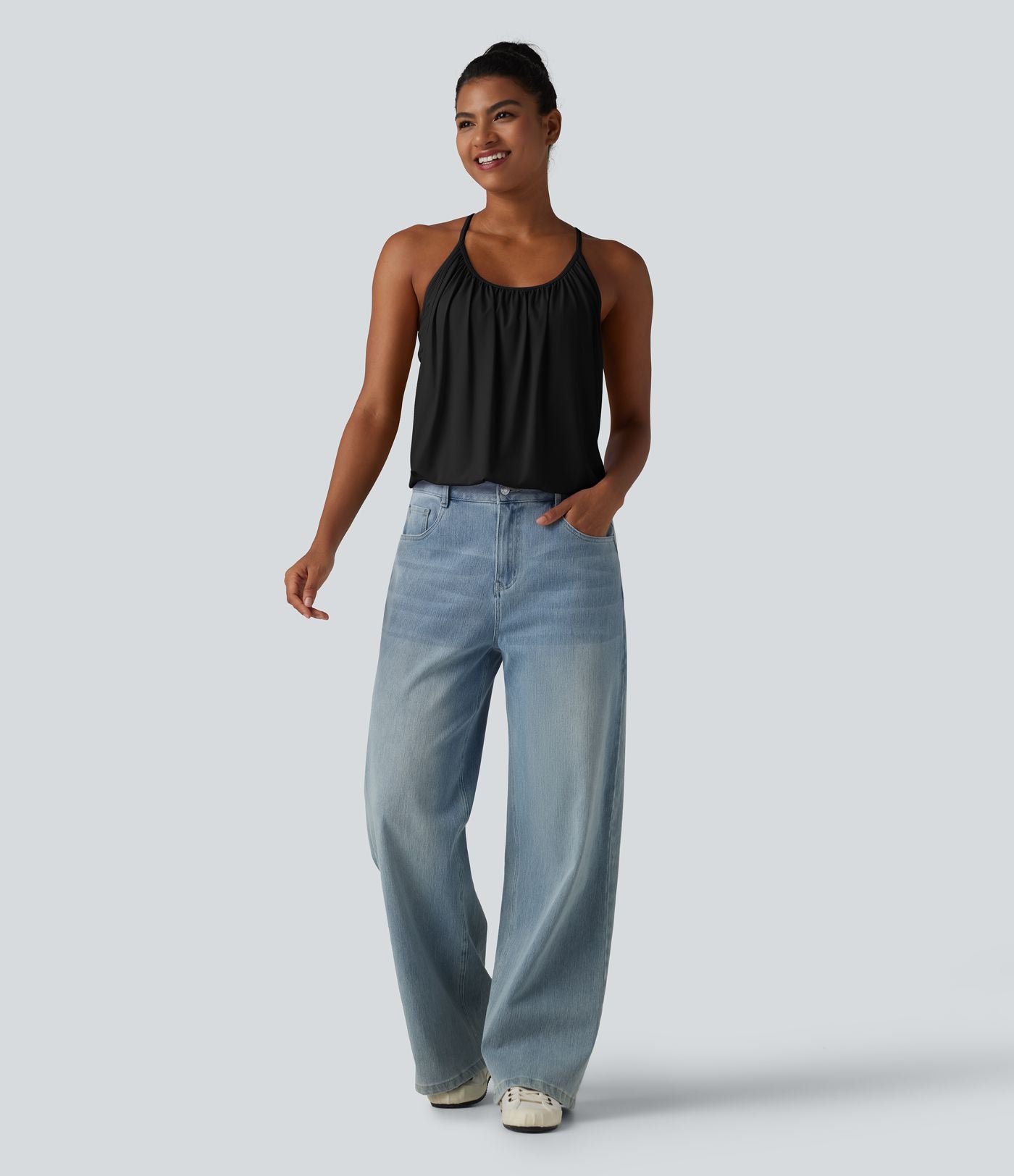 Débardeur décontracté col U froncé 2-en-1 avec brassière intégrée effet frais InstantCool séchage rapide, protection solaire UPF50+
