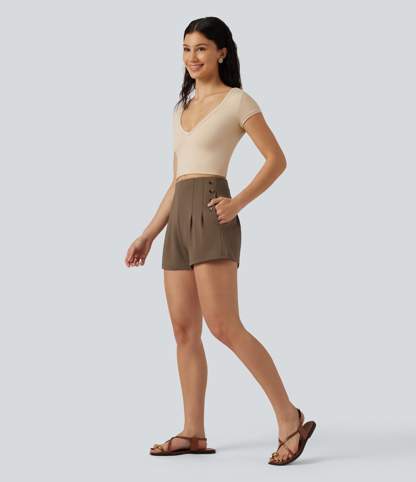 Short baggy taille haute DayStretch avec boutons décoratifs et poches, 7,5 cm