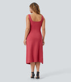 Softlyzero™ Robe Casual Midi Grande Taille Corset Moulante Encolure Carrée Dos Nu Ruchée