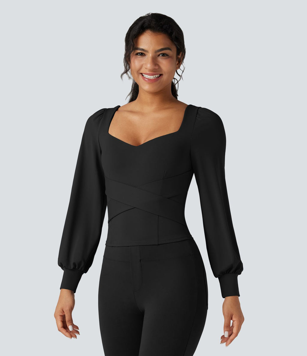 Top professionnel push-up croisé à col cœur avec bonnets moulés et manches bouffantes - Bonnet A/B