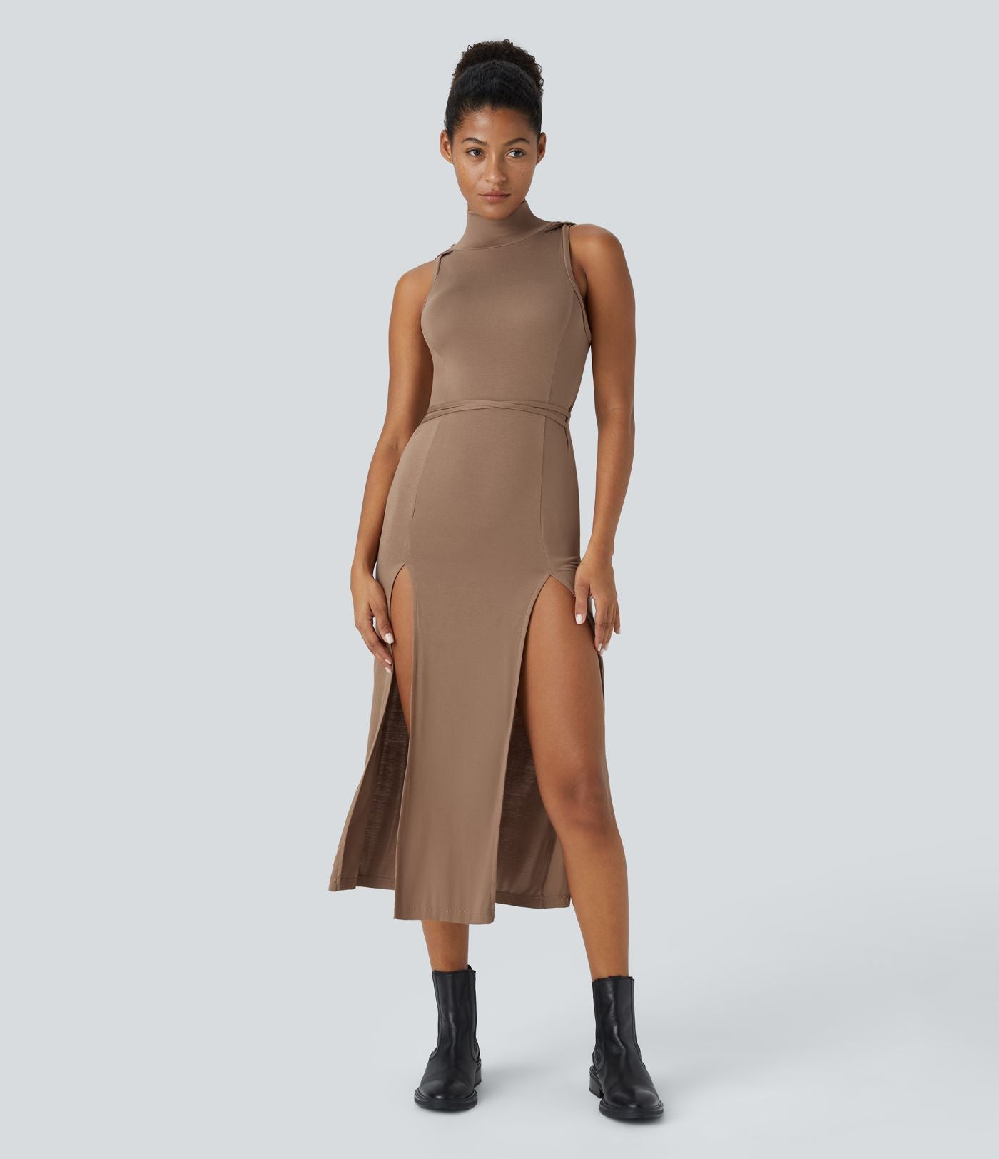 Robe Casual Midi 2 Pièces Capuche Col Montant Sans Manches Fendue avec Découpe Dos Nœud Côtelée