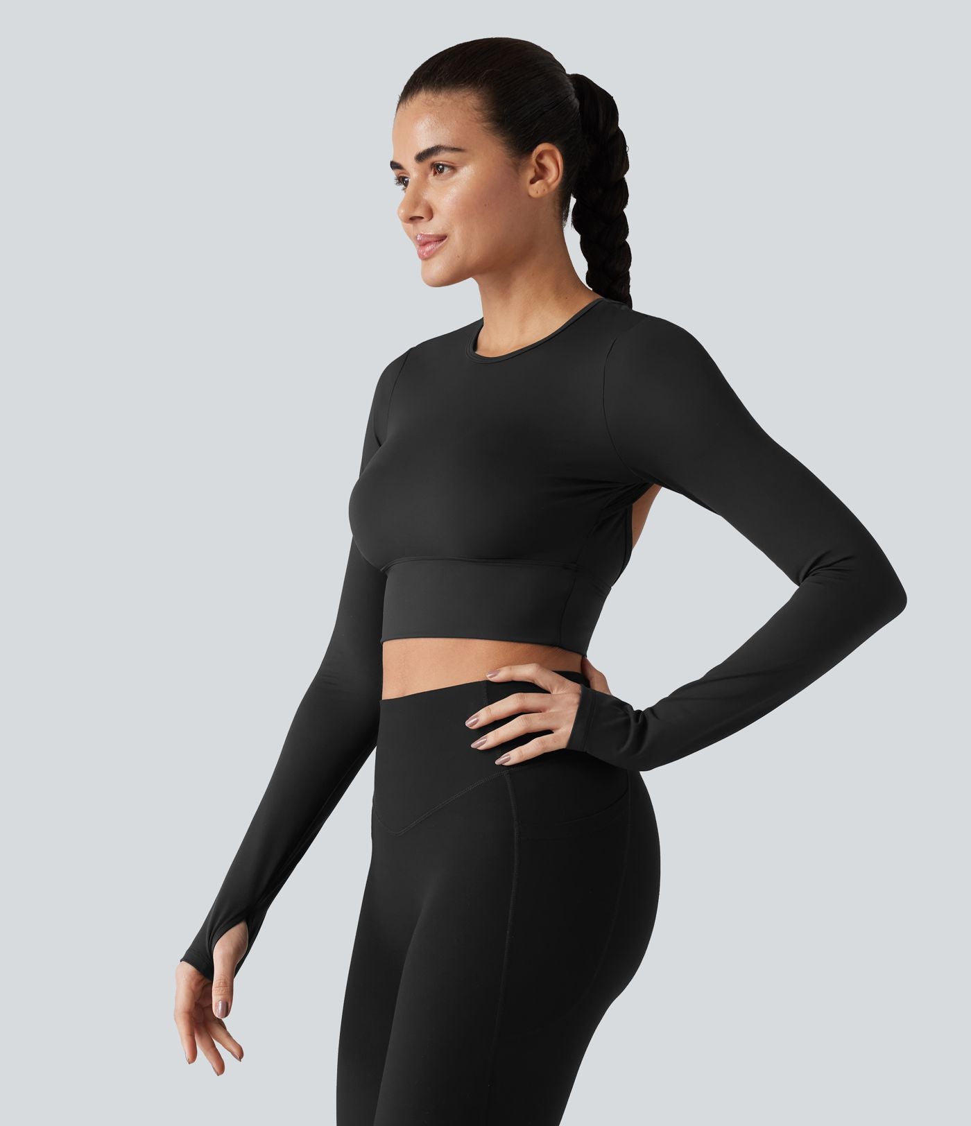 Haut de sport dos nu à manches longues avec passe-pouces, à effet frais InstantCool, séchage rapide, protection UPF50+ pour le yoga