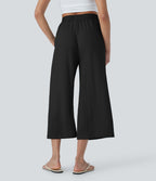 Pantalon décontracté aspect lin 7/8 à taille haute, jambe large avec cordon de serrage et poches latérales