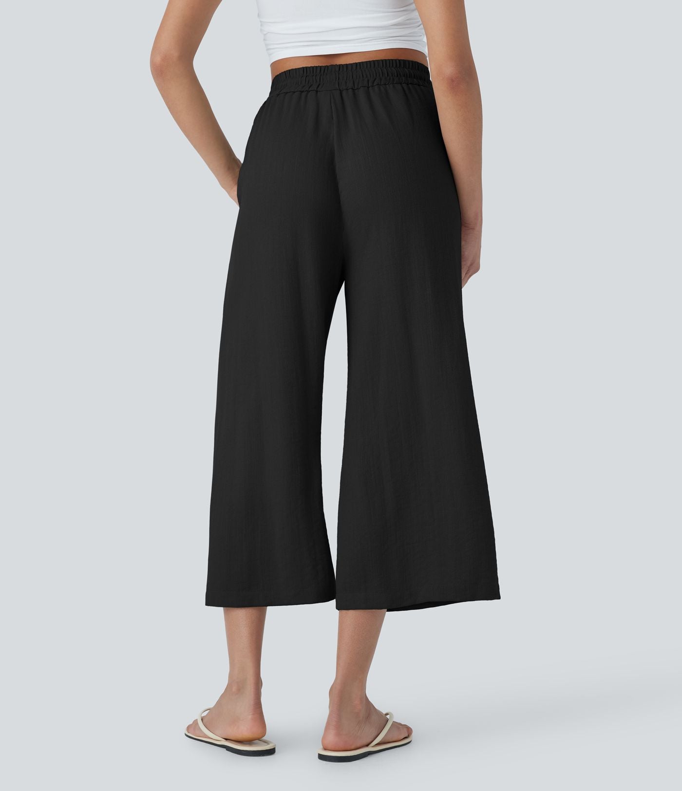 Pantalon décontracté aspect lin 7/8 à taille haute, jambe large avec cordon de serrage et poches latérales