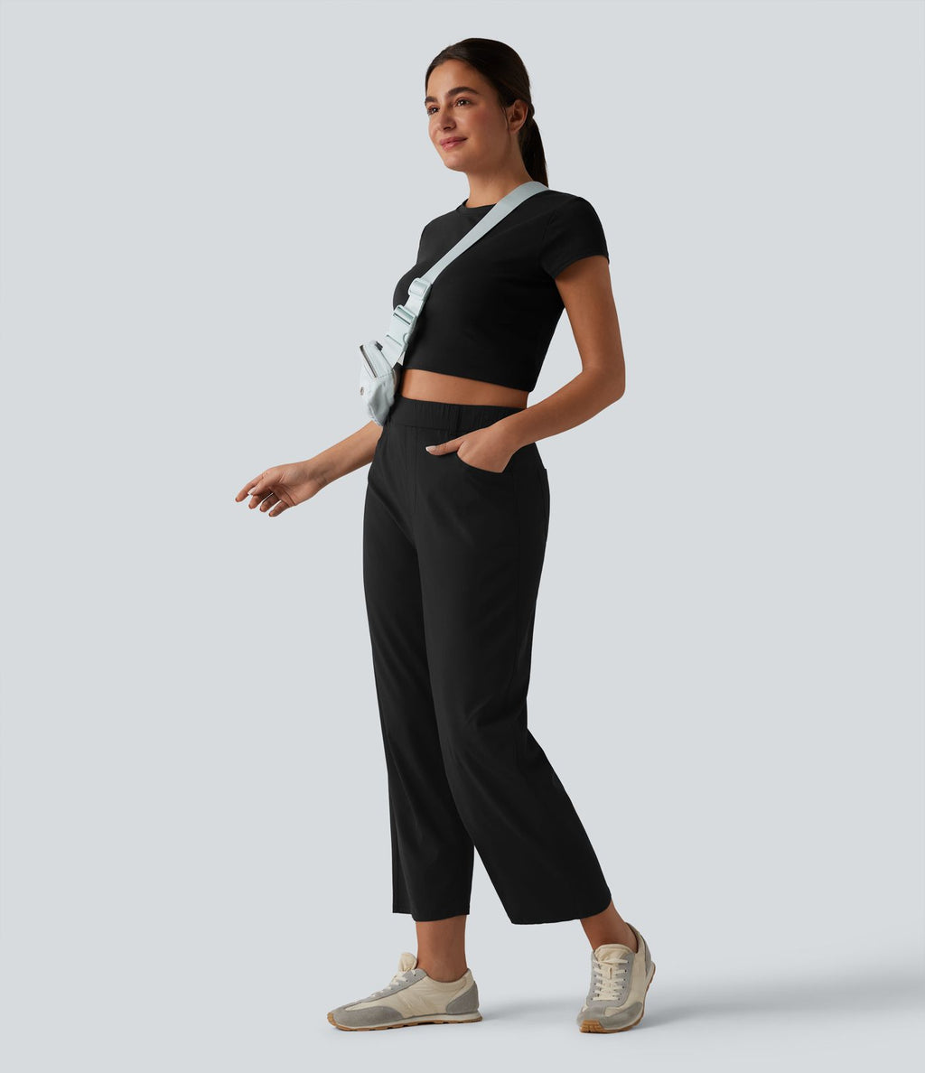 Pantalon casual taille haute en lin stretch coupe barrel avec poches