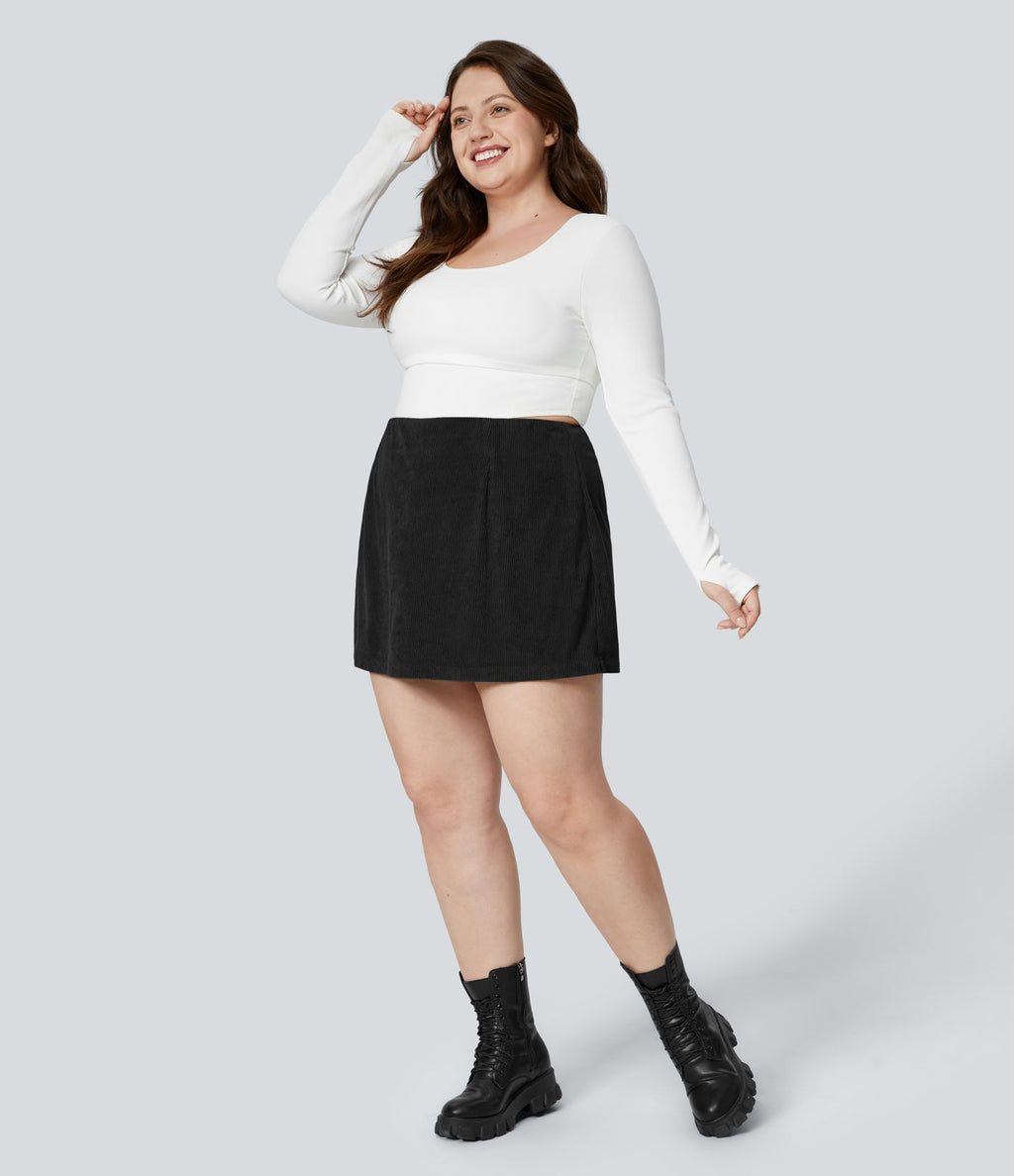 Jupe Casual Grande Taille en Velours Côtelé Mini à Taille Haute avec Fermeture Éclair Invisible 2 en 1