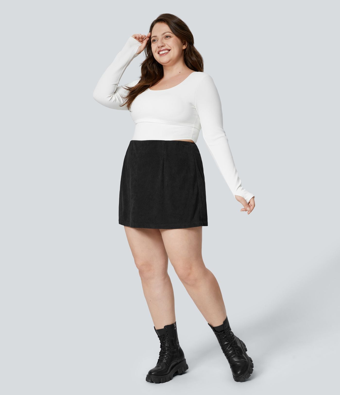 Jupe Casual Grande Taille en Velours Côtelé Mini à Taille Haute avec Fermeture Éclair Invisible 2 en 1