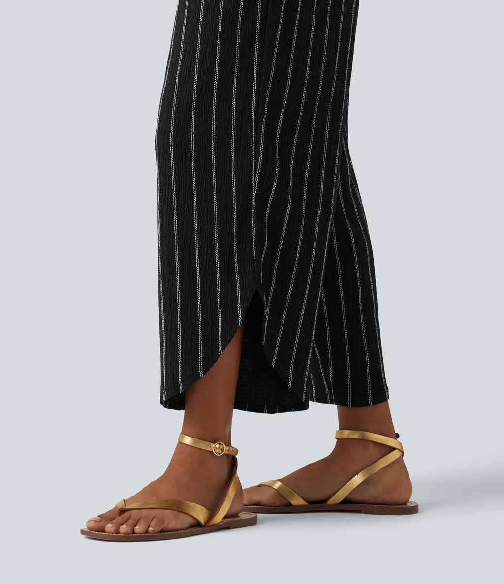 Pantalon rayé taille haute avec ourlet arrondi et poches
