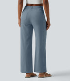 Pantalon taille haute coupe droite effet lin avec poches