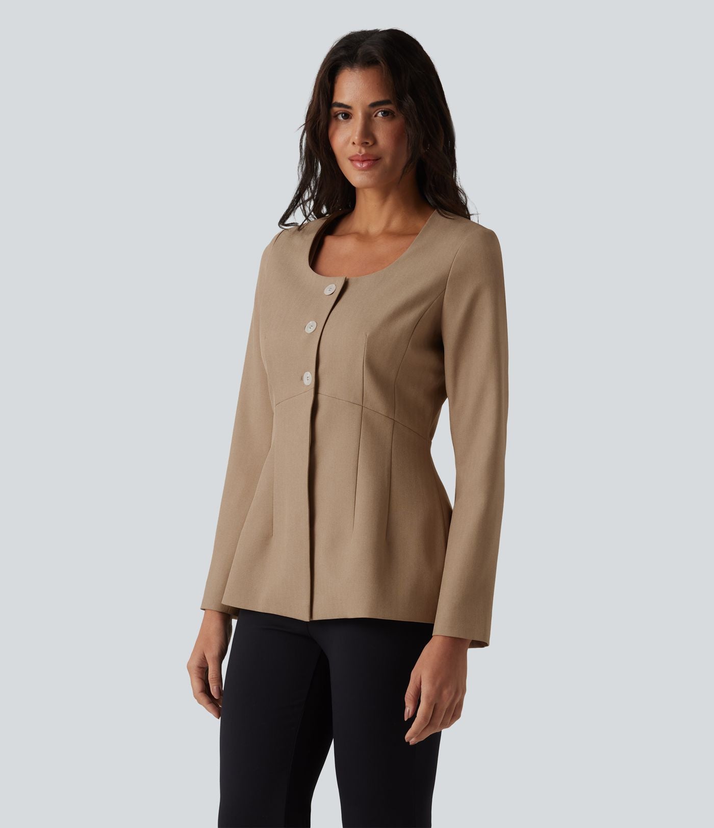 Blazer tailleur infroissable col U manches longues aspect lin