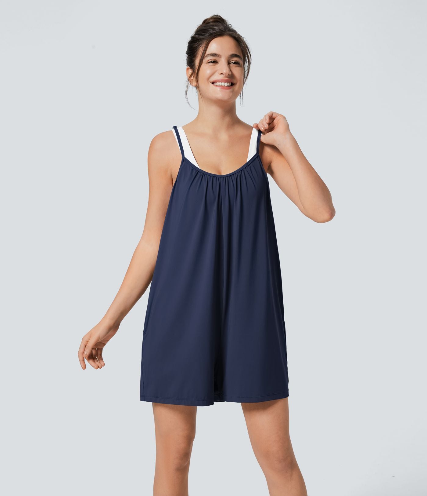 Combinaison Large Casual à Jambes Larges Solide avec Fines Bretelles Réglables Poches Latérales Plissées
