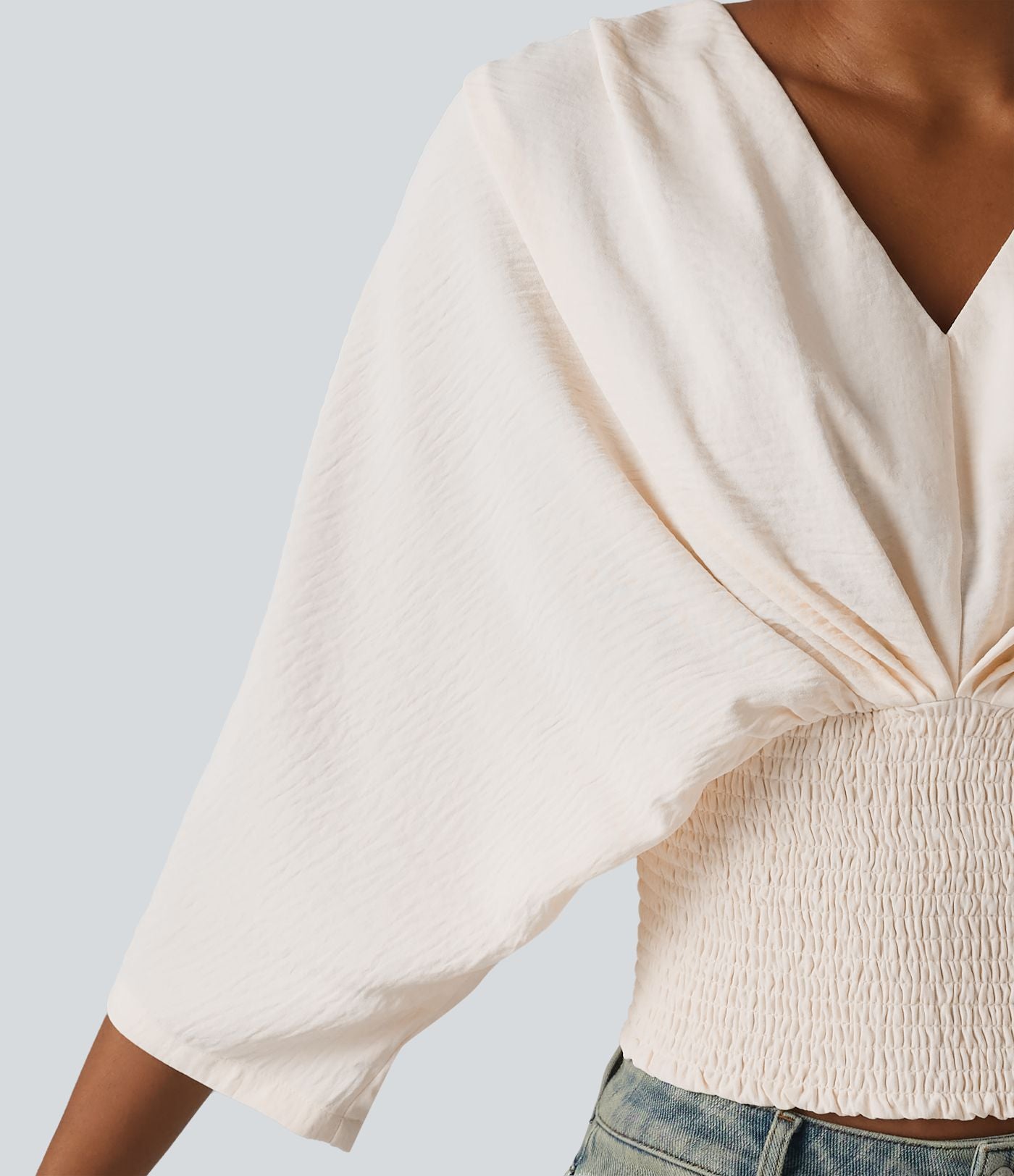 Blouse décontractée effet lin col V, manches chauve-souris et détails froncés