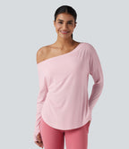 Top de sport yoga une épaule séchage rapide ourlet arrondi asymétrique manches longues avec trous pouces - Brassière intégrée