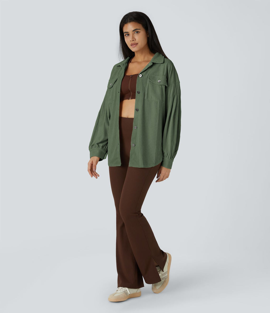Veste Casual en Velours Côtelé à Col Boutonné Poches et Manches Longues Ourlet Courbé