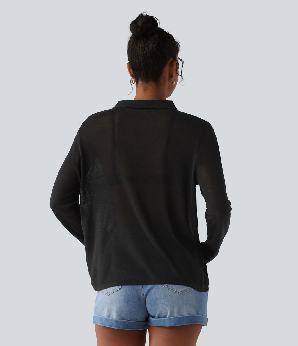 Pull casual en lyocell et lin à col polo et manches longues