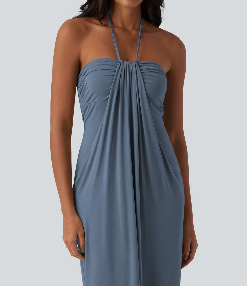 Robe longue dos nu col licou avec nœud et poches