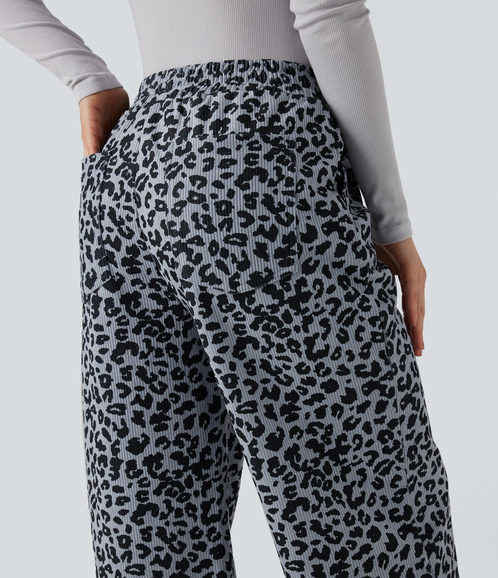 Pantalon léopard ample décontracté velours côtelé imprimé taille haute avec poches