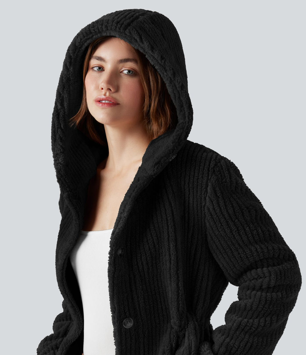 Veste sherpa décontractée à capuche cordon de serrage ourlet arrondi avec poches