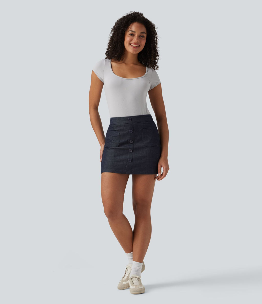 Jupe mini casual 2-en-1 moulante taille haute effet denim avec fermeture éclair invisible et poches