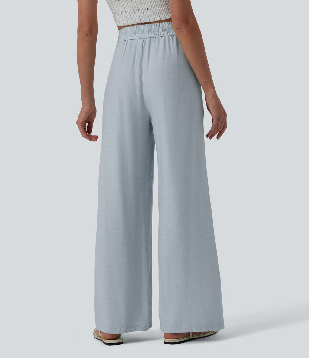 Pantalon casual large fluide mélange lin taille haute avec cordon de serrage et poches