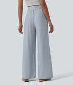 Pantalon casual large fluide mélange lin taille haute avec cordon de serrage et poches