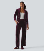 Pantalon évasé en velours taille basse color block à rayures avec poches