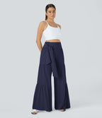 Breezeful™ Pantalon Large Casual Taille Haute Froncé à Nouer Devant et Dos Fluide Séchage Rapide
