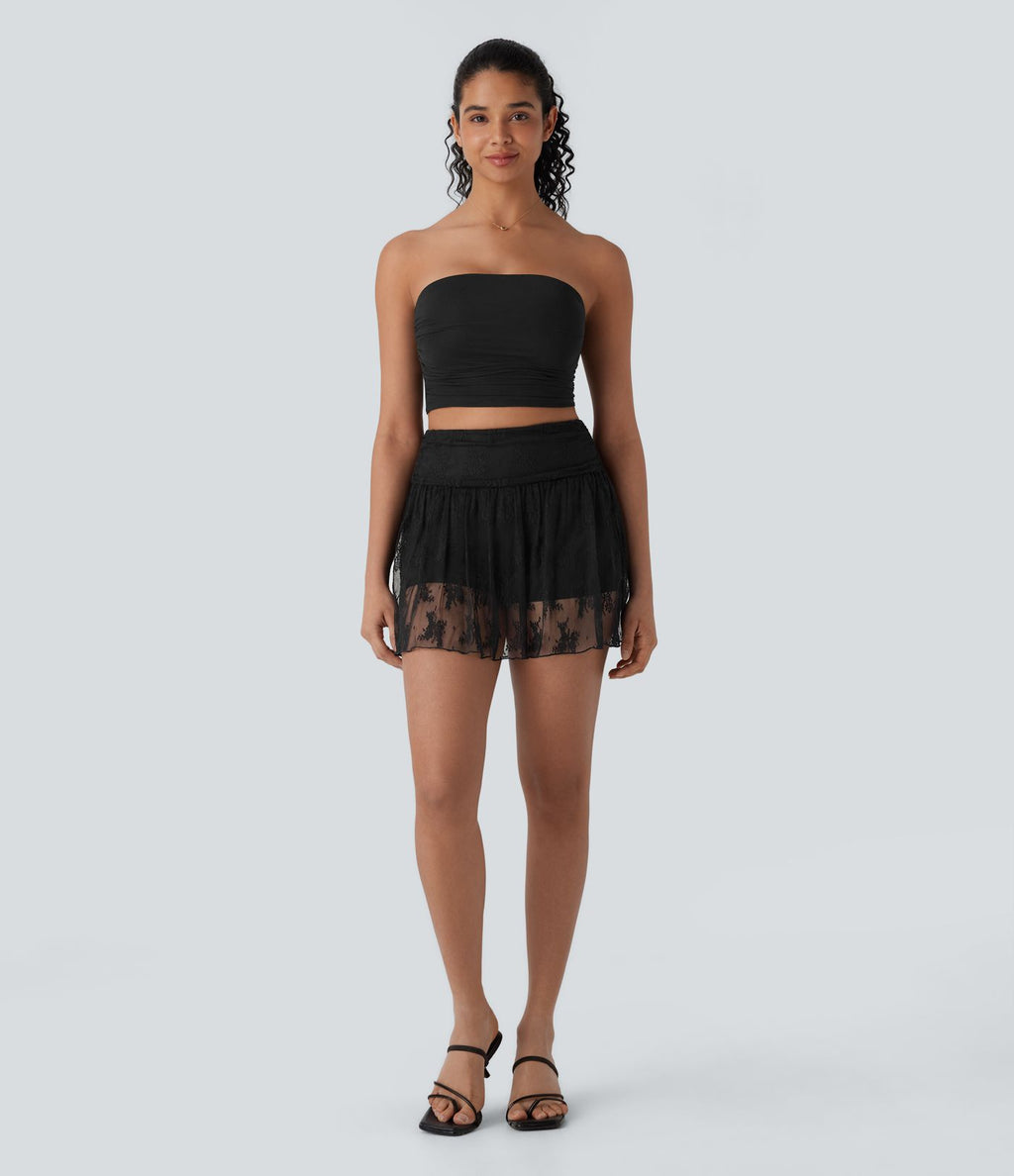 Mini-jupe de soirée taille haute 2-en-1 avec poche latérale et dentelle