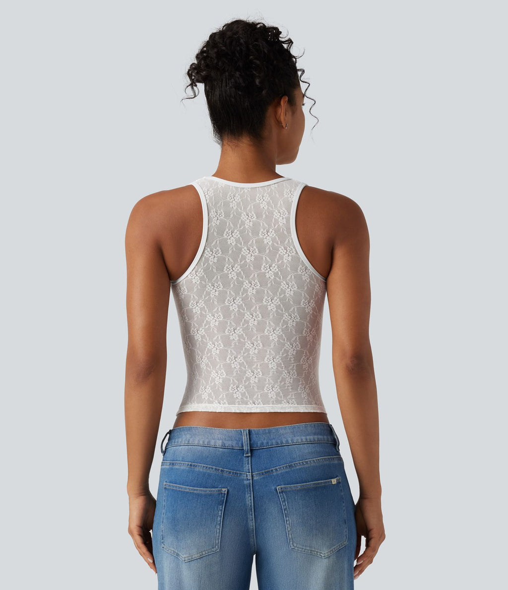 Débardeur casual SoftlyZero™ Airy à col U, dentelle contrastée, découpes et coussinets amovibles