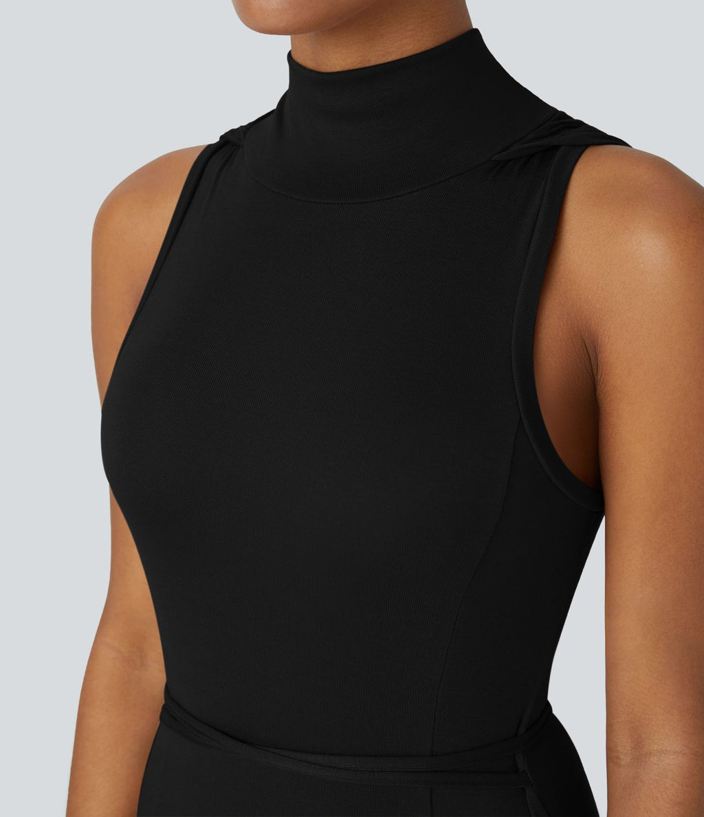 Robe Casual Midi 2 Pièces Capuche Col Montant Sans Manches Fendue avec Découpe Dos Nœud Côtelée
