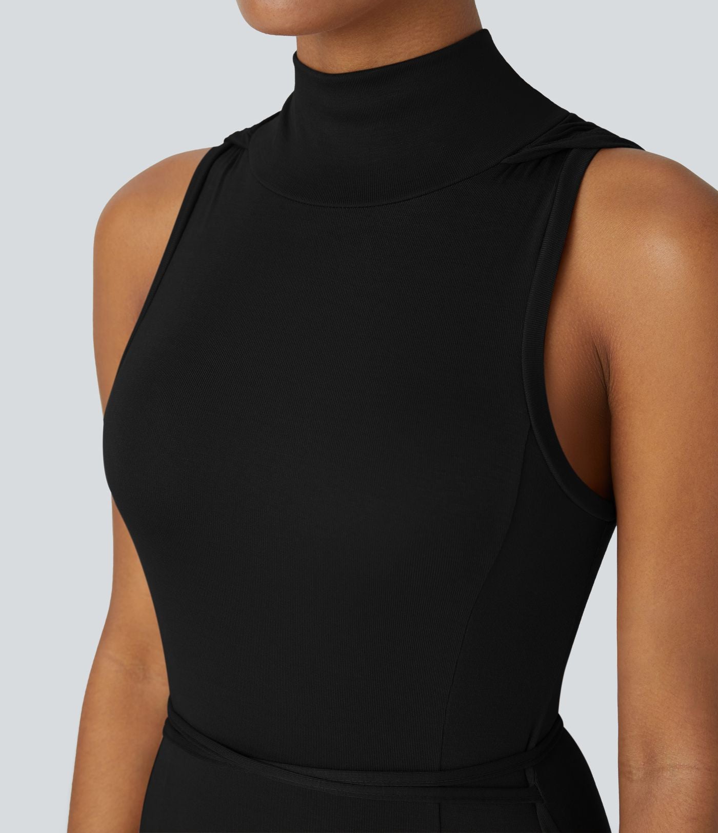 Robe Casual Midi 2 Pièces Capuche Col Montant Sans Manches Fendue avec Découpe Dos Nœud Côtelée