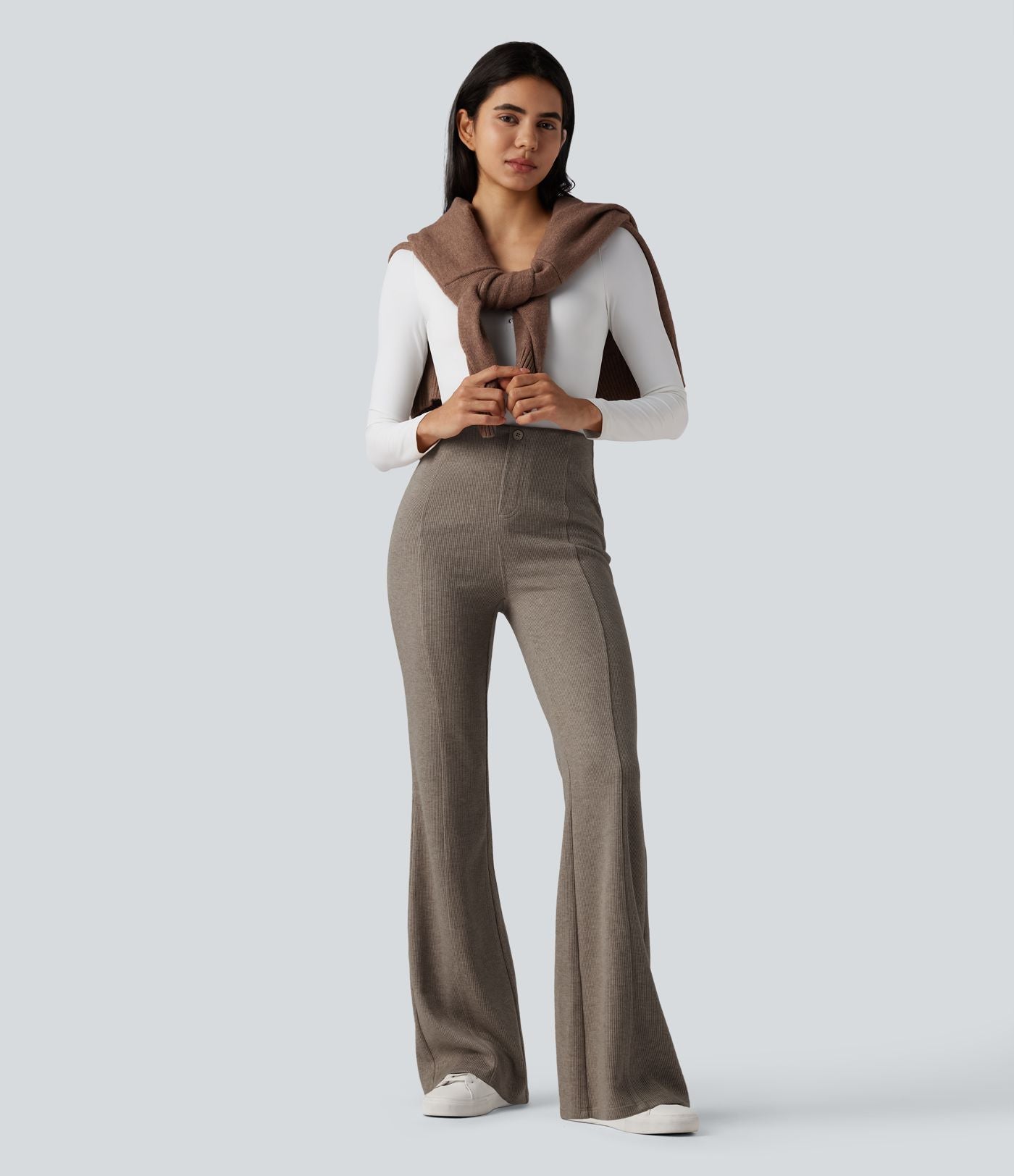 Pantalon  taille haute décontracté évasé côtelé gainant